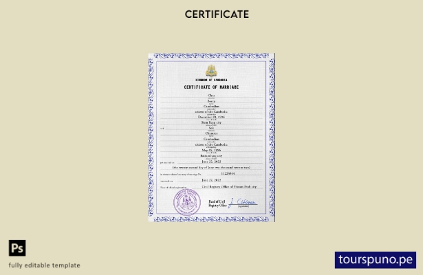Plantilla PSD de certificado de matrimonio de Camboya lista para imprimir